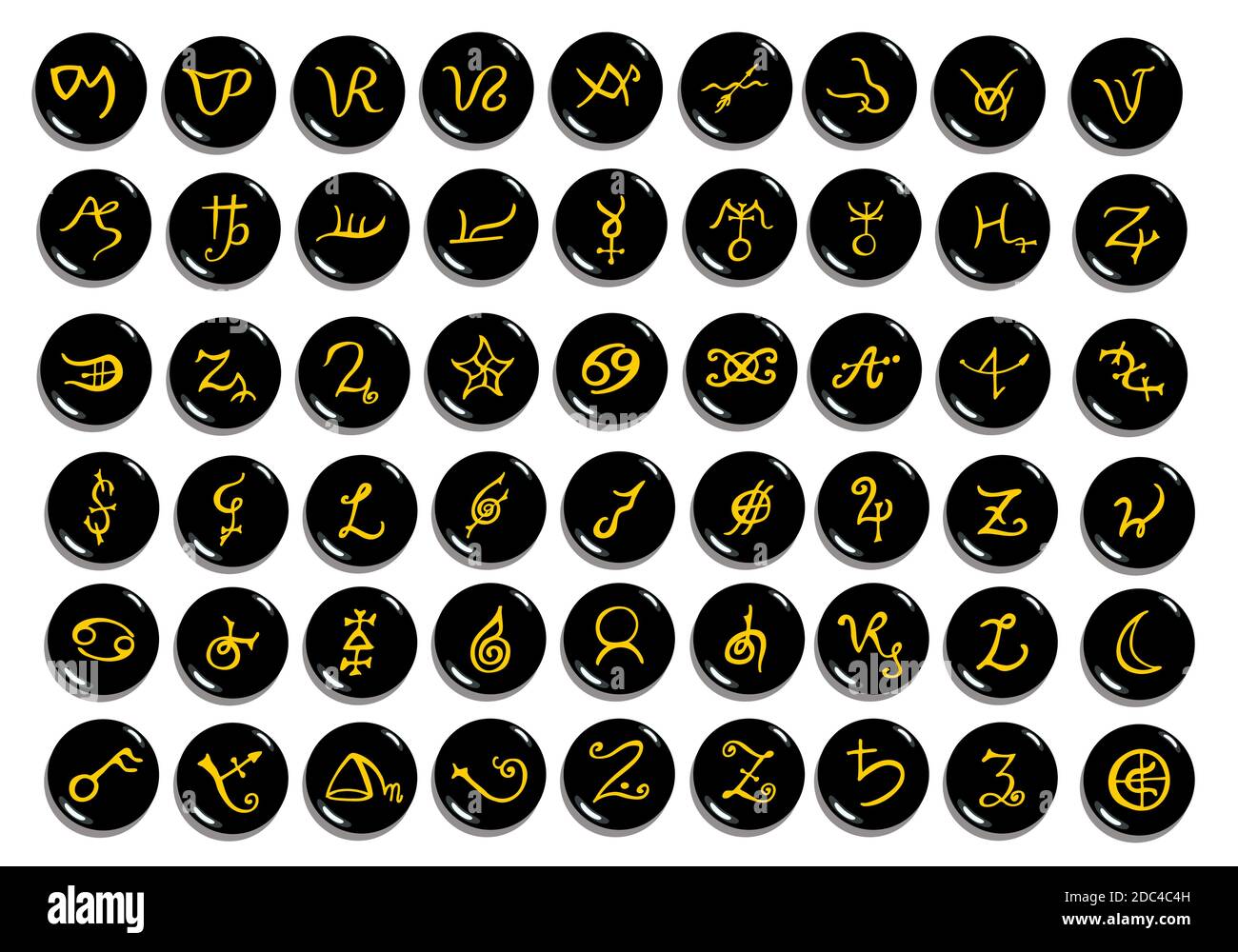 Una serie di simboli alchemici dorati scolpiti su pietra isolata su bianco. Elementi disegnati a mano per la progettazione. Tema mistico, esoterico, occulto. Illustrazione Vettoriale