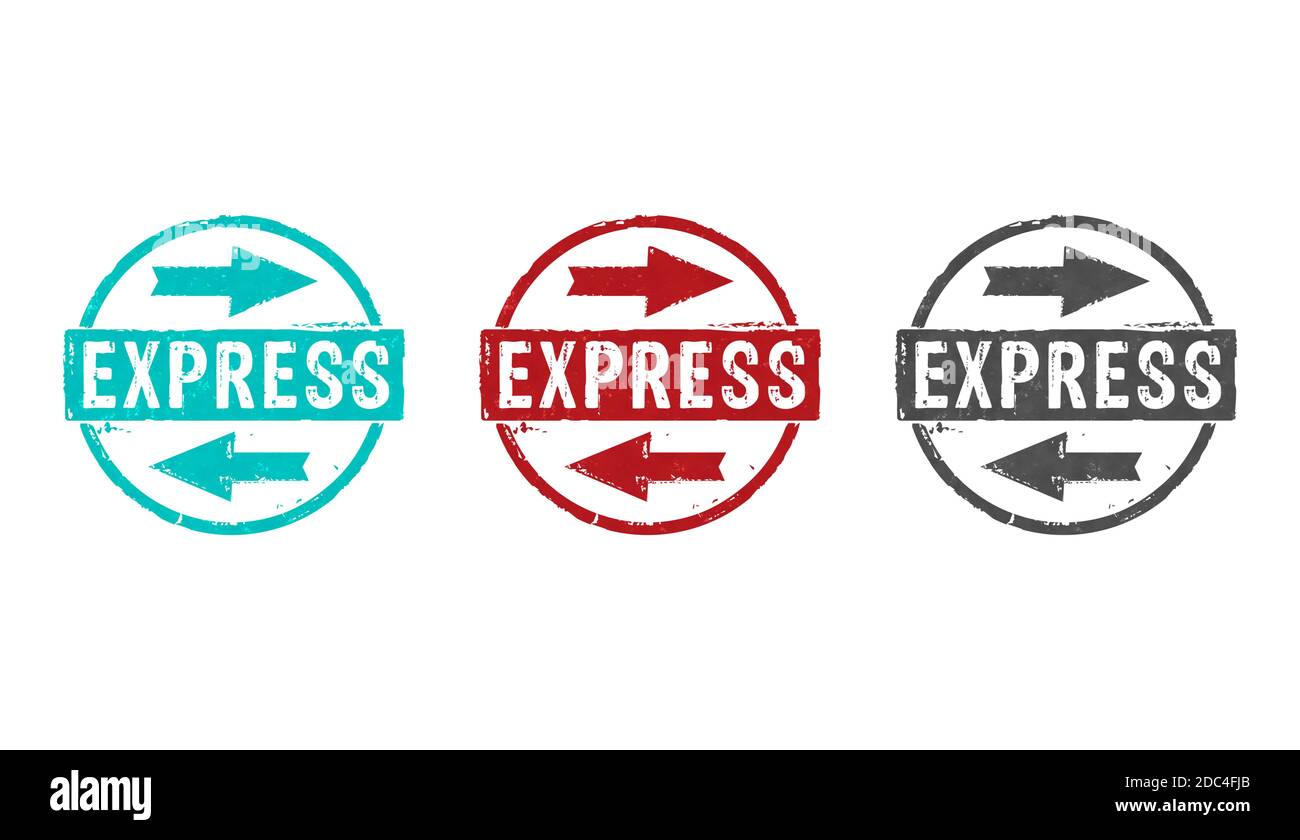 Icone Express Stamp in alcune versioni a colori. Rappresentazione 3D del concetto di consegna rapida, spedizione rapida, assistenza e trasporto rapido dei pacchetti. Foto Stock