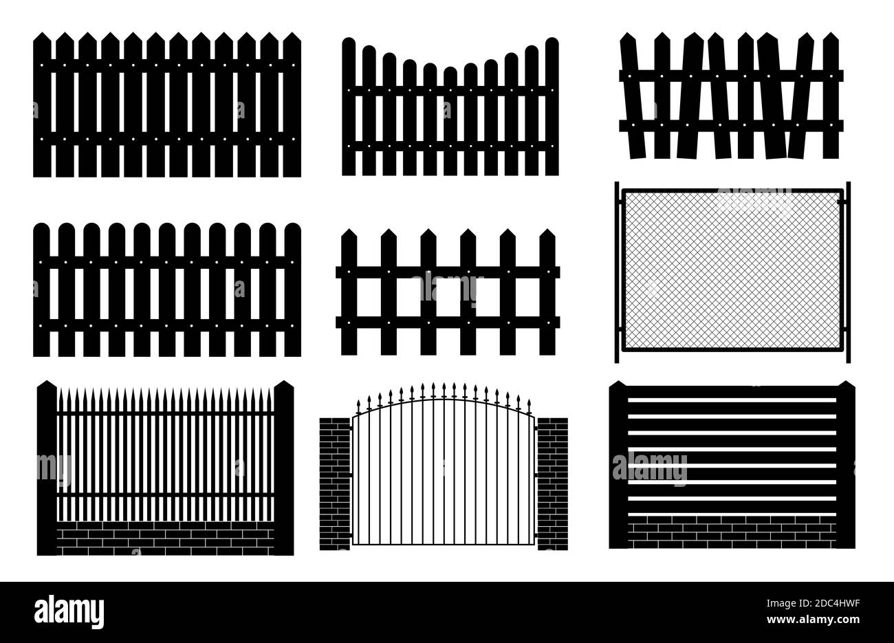 Collezione di recinzioni, silhouette di sottaceti per lo sfondo del giardino. Illustrazione Foto Stock