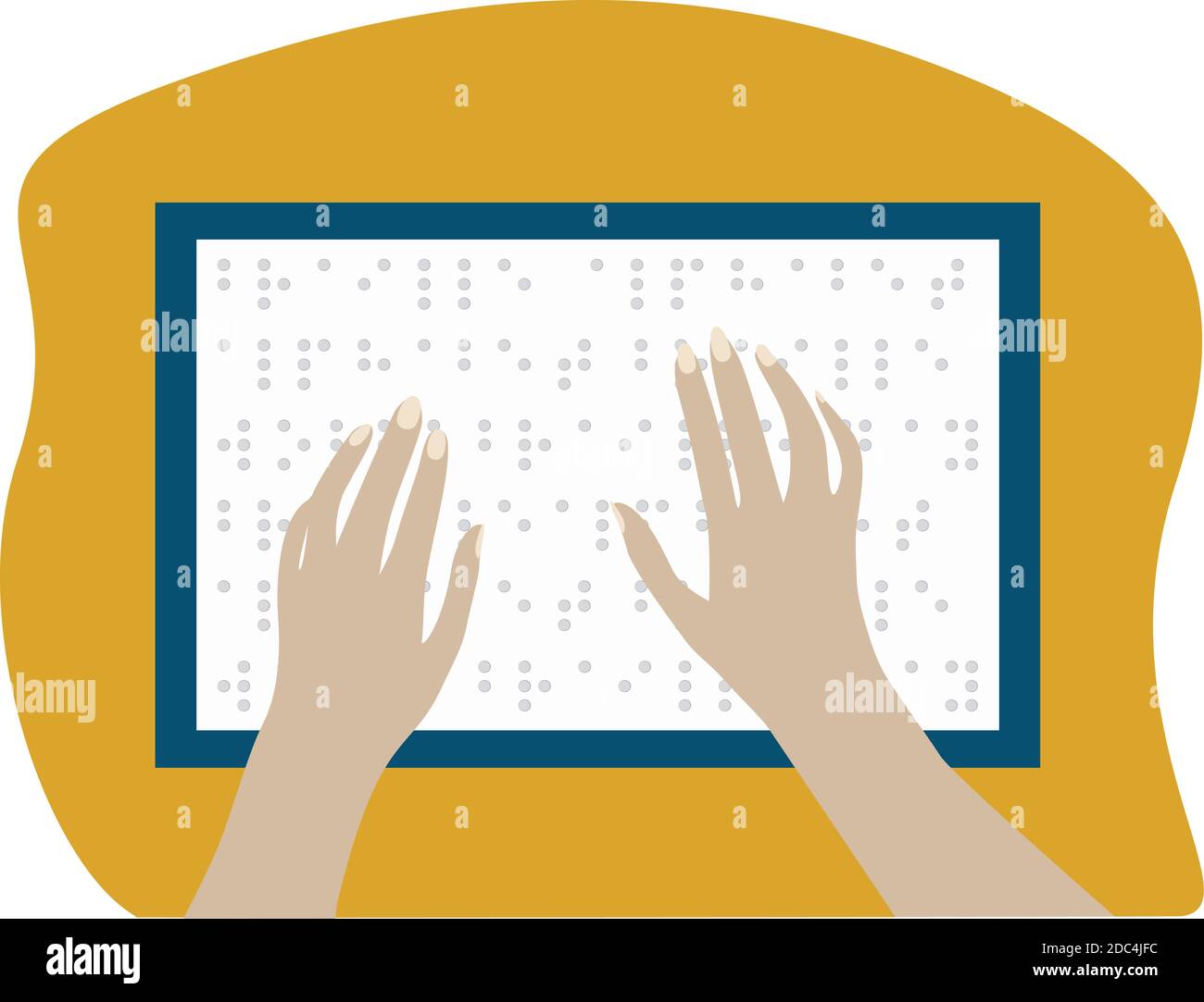 Donna cieca ha letto il libro scritto in Braille. Le mani tracciano le pagine. Illustrazione vettoriale isolata. Giornata mondiale Braille Illustrazione Vettoriale