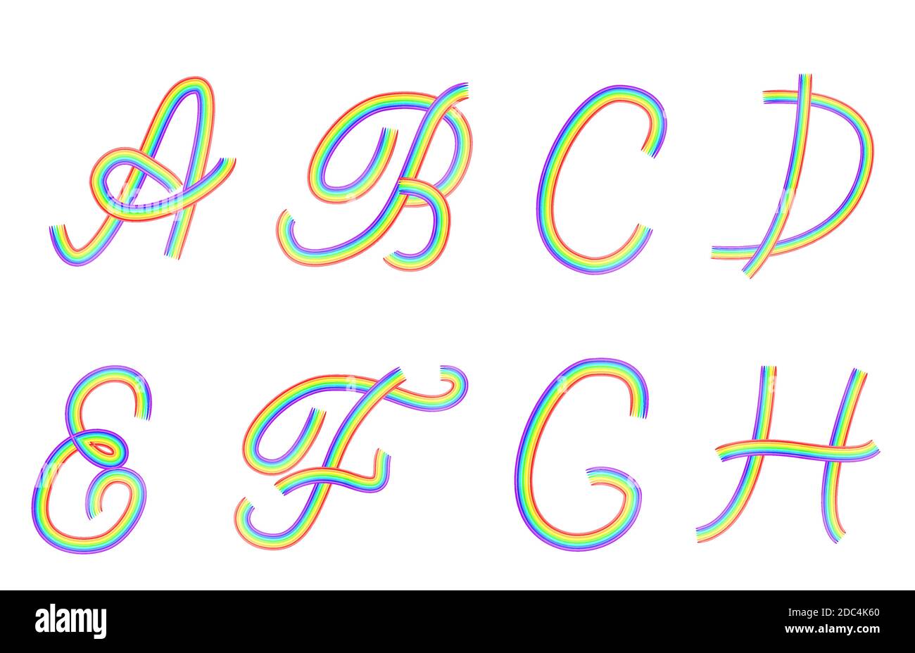 Set di lettere dell'alfabeto latino arcobaleno A, B, C, D, e, F, G, H. carattere vettoriale artistico isolato su bianco. Elementi per la progettazione. Illustrazione Vettoriale