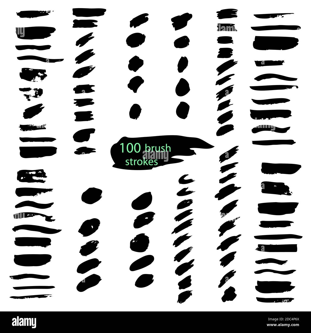 Grande set di 100 pennellate nere. Texture vettoriale disegnata a mano ed elementi di disegno isolati su bianco. Illustrazione Vettoriale