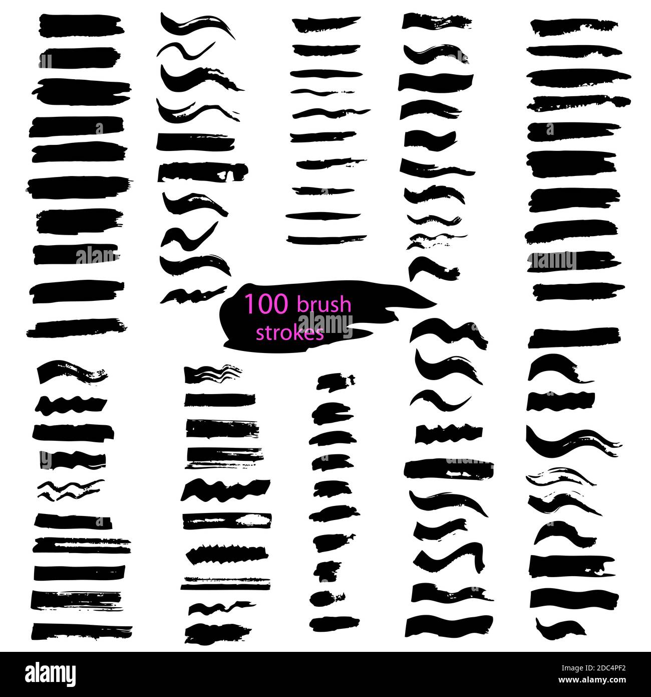 Grande set di 100 pennellate nere. Texture vettoriale disegnata a mano ed elementi di disegno isolati su bianco. Illustrazione Vettoriale