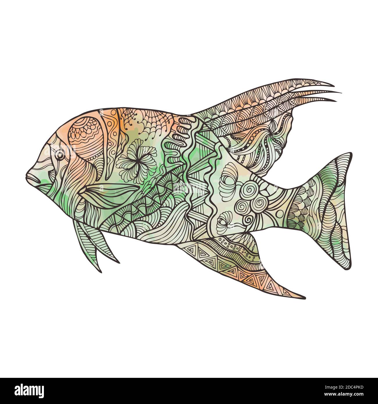 Pesce stilizzato disegnato a mano con elementi doodle, zentangle, floreali, vintage e sfondo acquerello. Isolato su bianco. Illustrazione vettoriale. Illustrazione Vettoriale