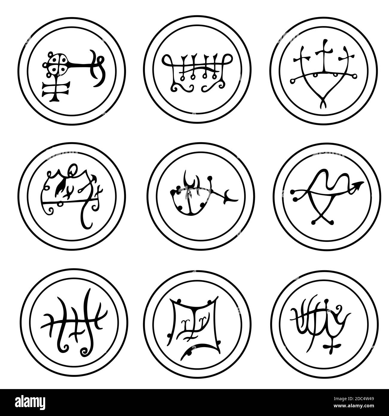Set di sigilli magici stilizzati disegnati a mano, simboli occulti, su bianco. Illustrazione vettoriale. Illustrazione Vettoriale