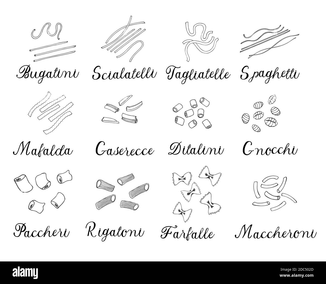 Grande set di diversi tipi di pasta italiana disegnata a mano con nomi diversi. Illustrazione lineare vettoriale. Isolato su bianco, monocromatico. Illustrazione Vettoriale