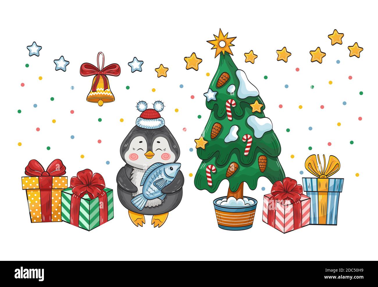 Carino pinguino bambino nel cappello rosso di Natale con pesce. Felice animale divertente con scatole a sorpresa e albero di Natale. Poster o biglietto d'auguri per il nuovo anno. Vettore Illustrazione Vettoriale