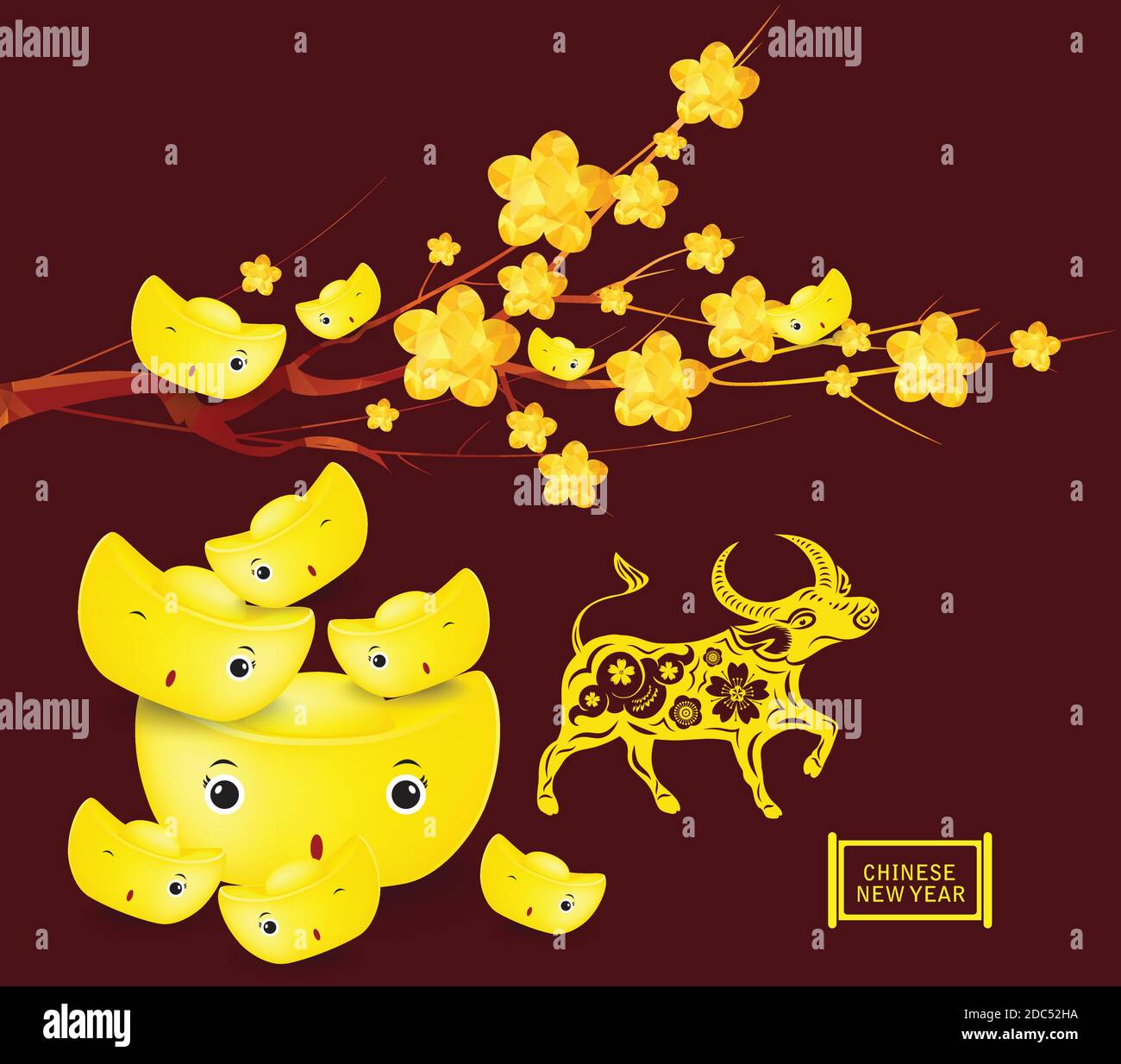 Felice cinese nuovo anno 2021 biglietto d'auguri. Oro cinese, anno del bue zodiaco. Fiore geometrico di prugne d'oro giapponese Illustrazione Vettoriale