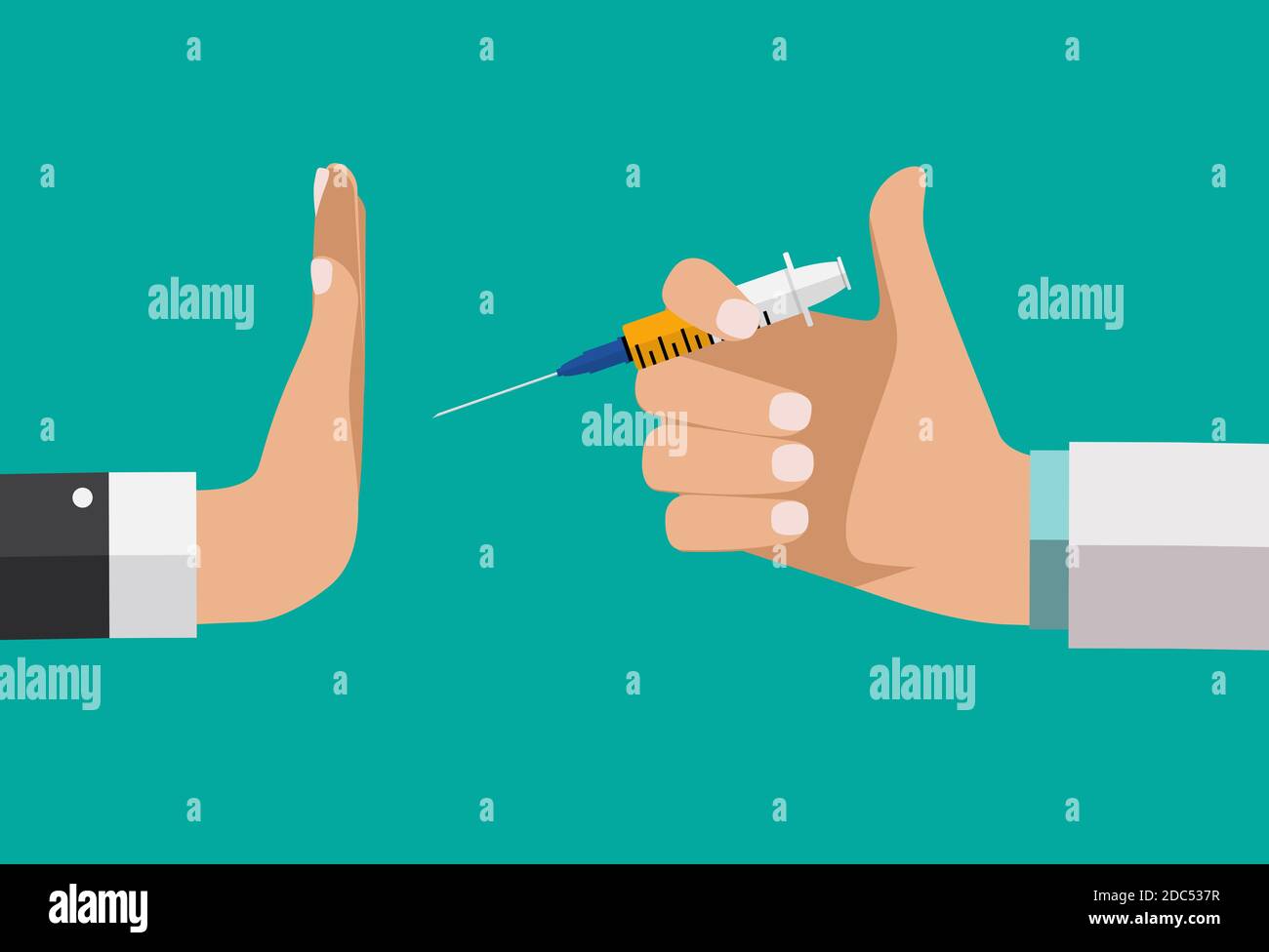 Rifiutare il concetto di vaccino. La mano del medico offre i farmaci, ma il paziente rifiuta. Illustrazione Foto Stock