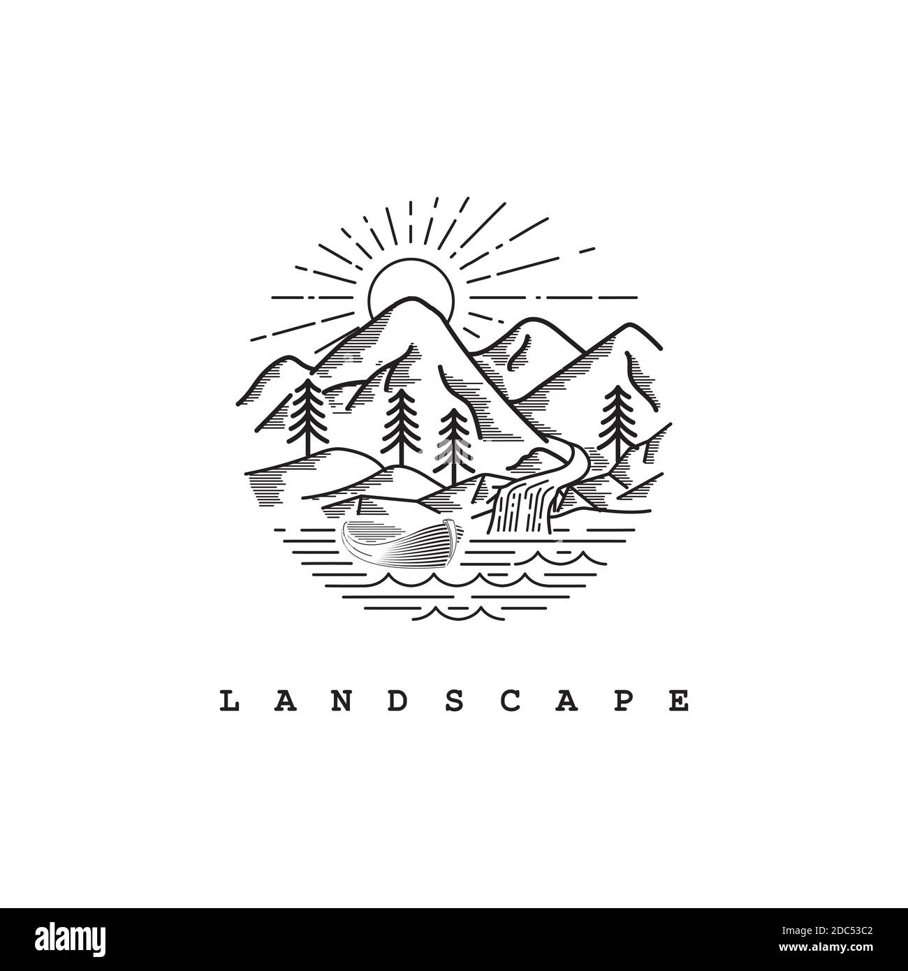 Vista panoramica sulle montagne con modello di design con logo in stile artistico Illustrazione Vettoriale