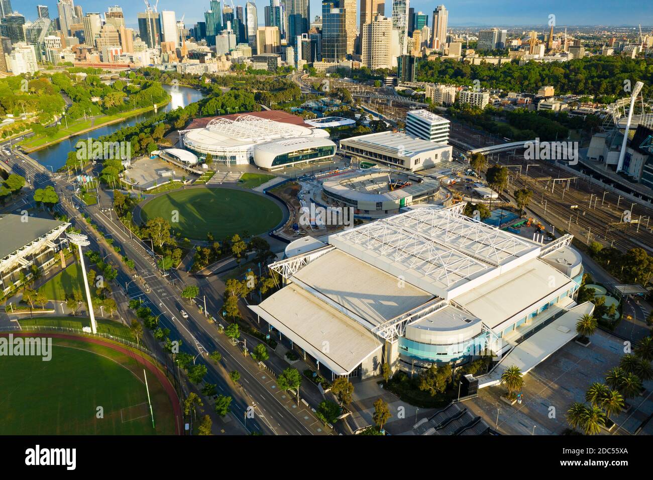 Foto aerea del Melbourne Park, sede del torneo di tennis Australian Open Foto Stock