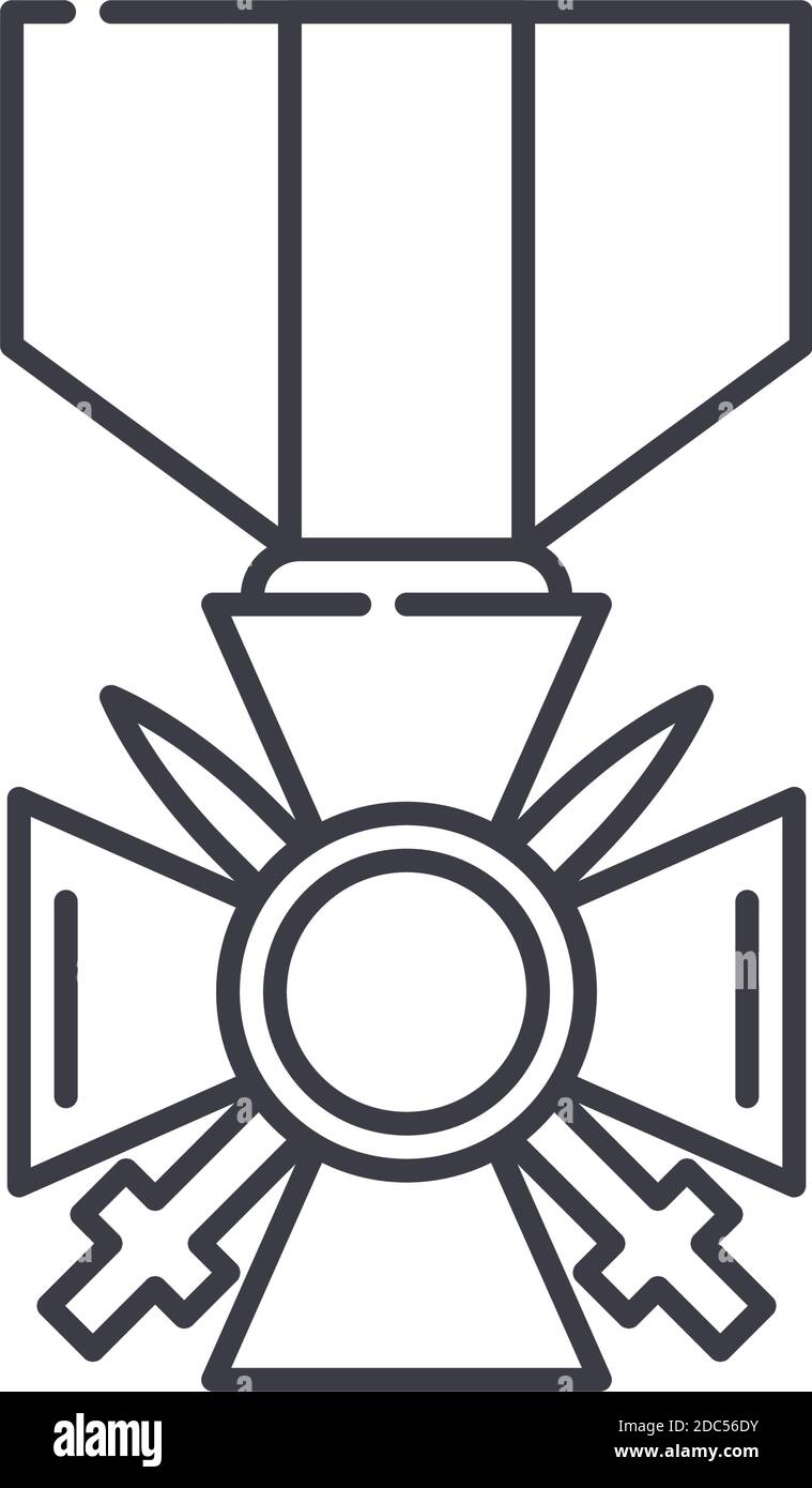 Icona della medaglia di valor, illustrazione isolata lineare, vettore di linea sottile, segno di disegno di fotoricettore, simbolo di concetto di contorno con tratto modificabile su sfondo bianco. Illustrazione Vettoriale