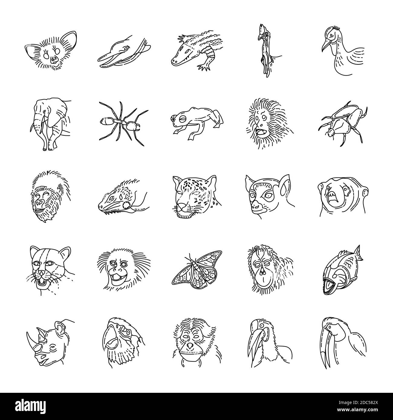 Animali tropicali disegnati a mano insieme di icone Vector. Illustrazione Vettoriale