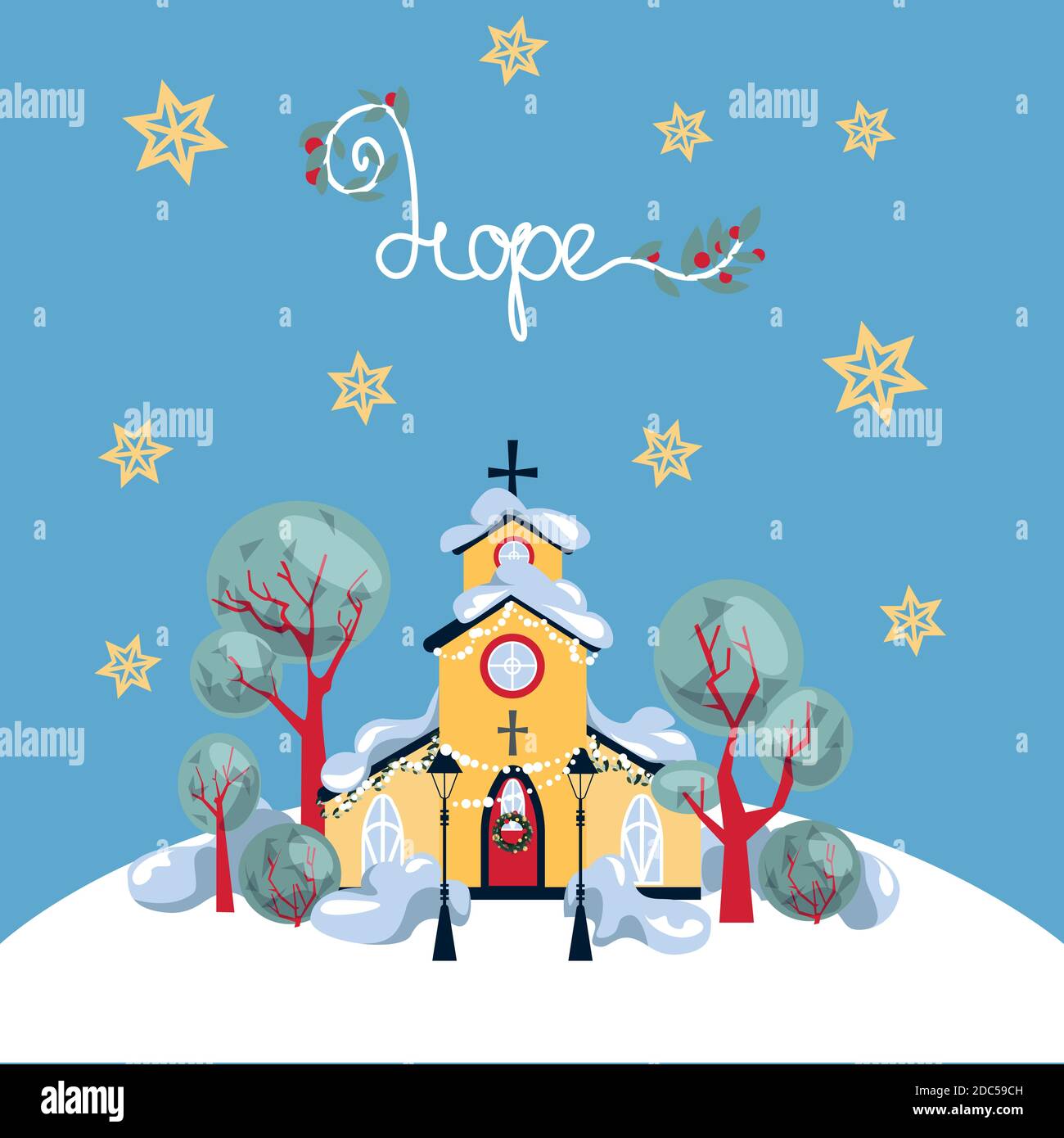 Chiesa gialla su Snowy Hill e Starry Sky Illustrazione Vettoriale