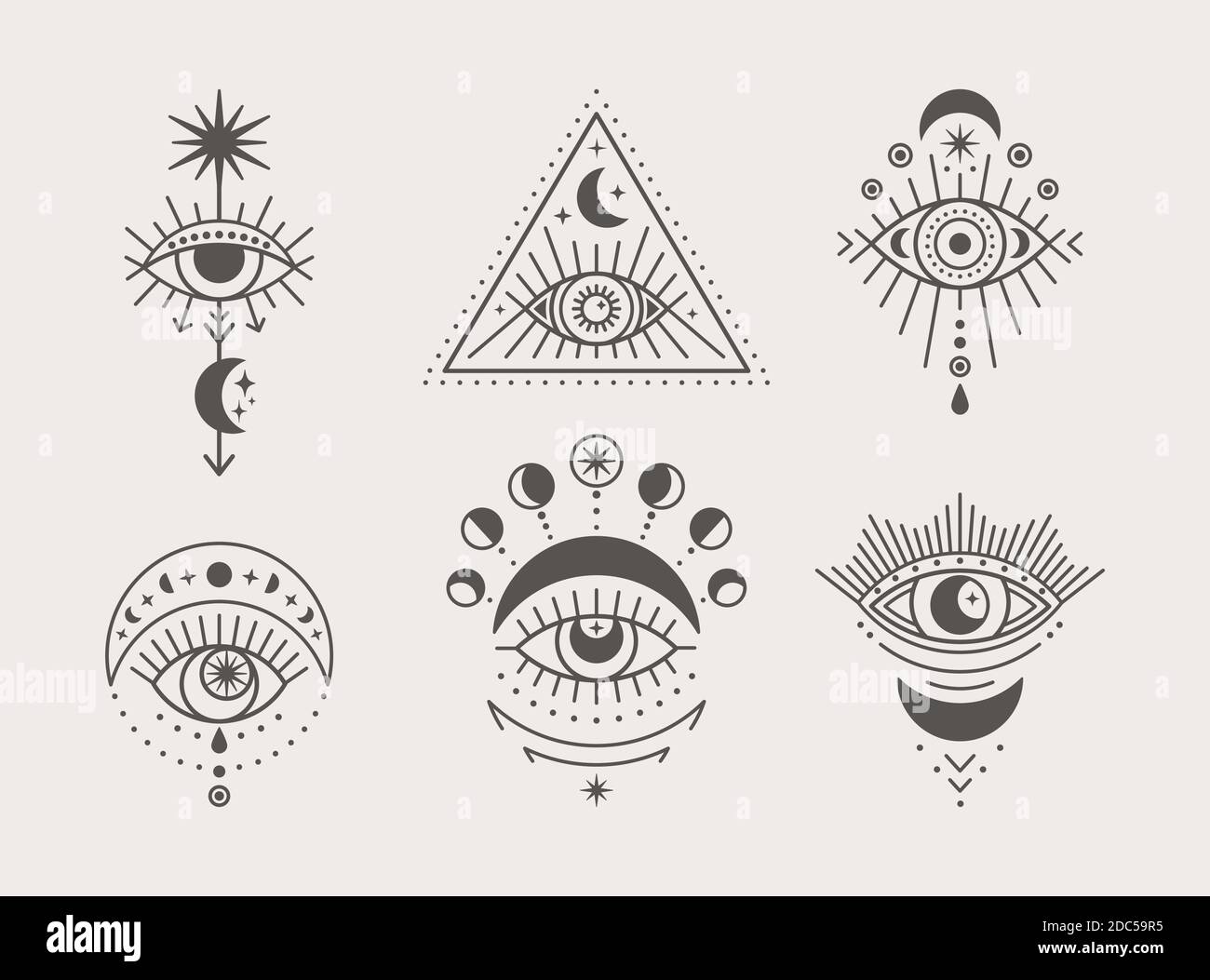 Set di icone mistiche occhi, sole e Luna in uno stile lineare minimale di tendenza. Illustrazione isoterica vettoriale Illustrazione Vettoriale