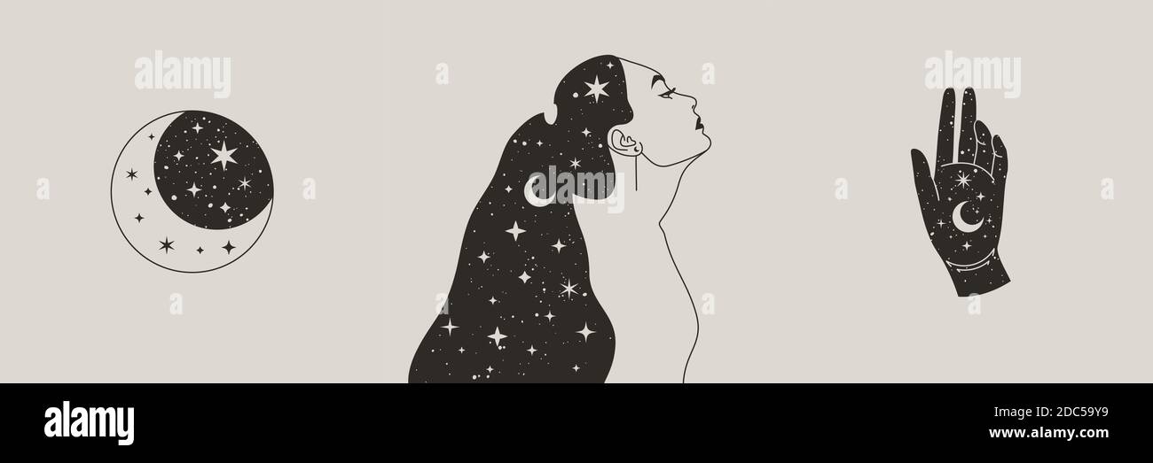 Set di Mystical Donna e Luna, Stelle e mano in uno stile Boho alla moda. Spazio vettoriale Ritratto di una ragazza in Profilo Illustrazione Vettoriale
