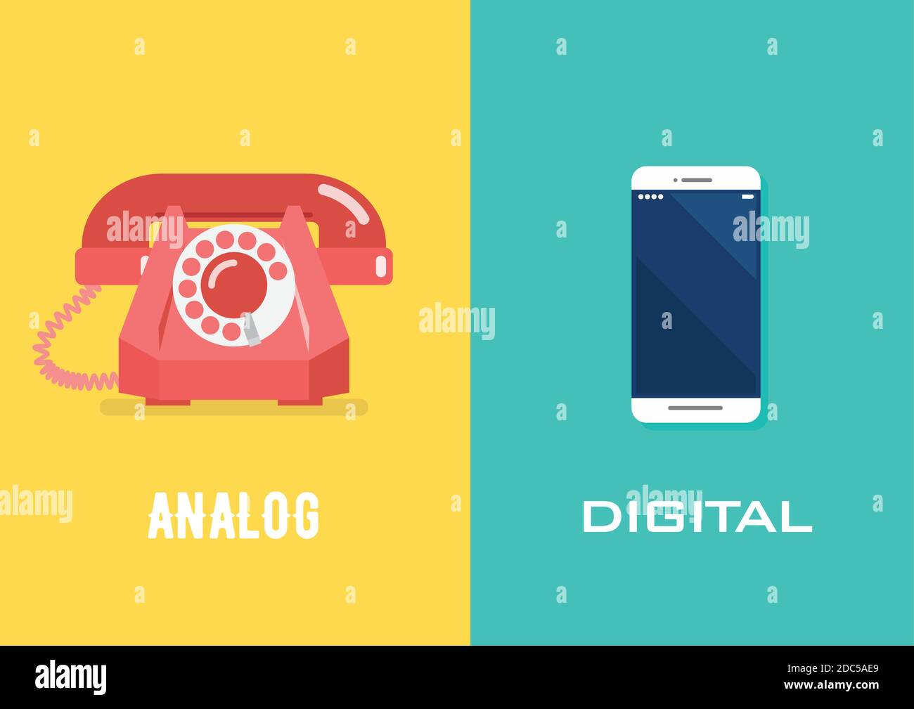 Telefono retro nell'era analogica e smartphone nell'era digitale. Illustrazione vettoriale Illustrazione Vettoriale