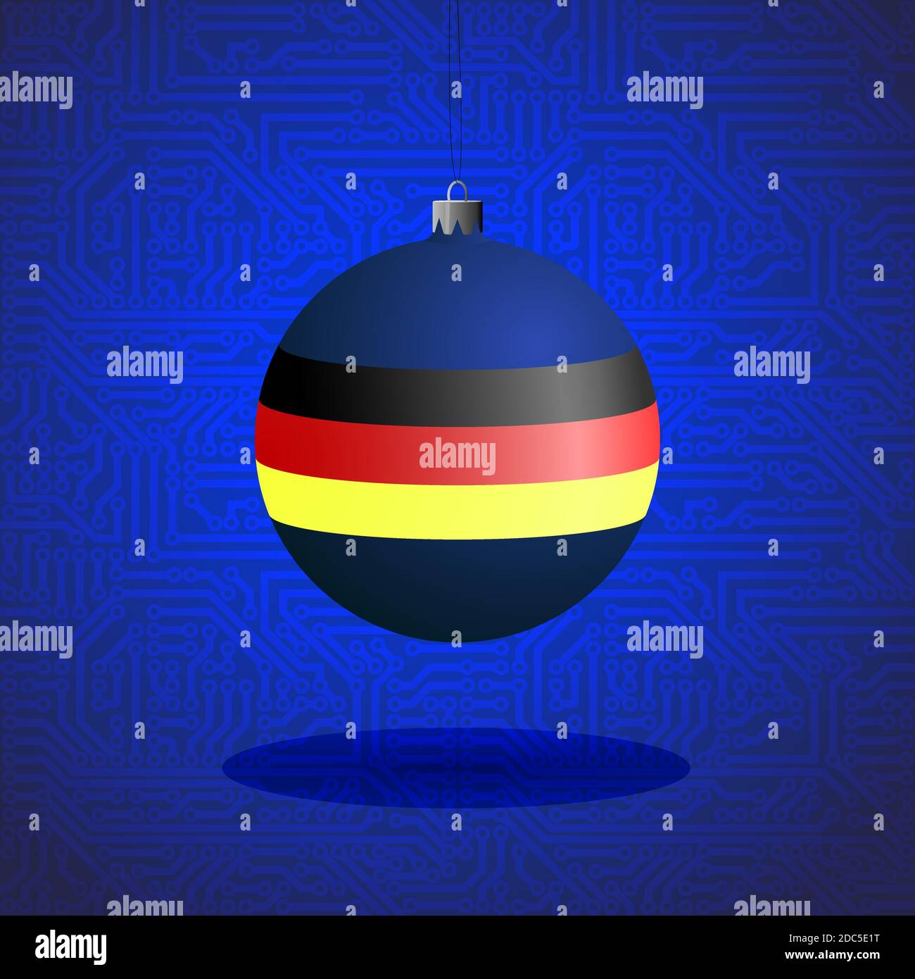 Palla di Natale con la bandiera della Germania sullo sfondo del circuito stampato. Il concetto di un grande paese IT. Illustrazione vettoriale Illustrazione Vettoriale