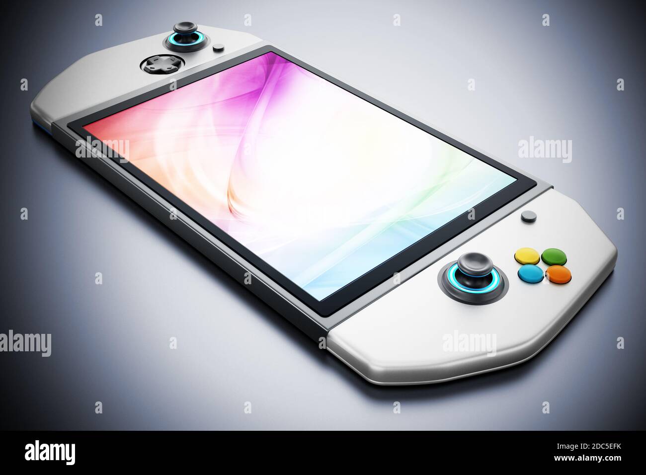 Console portatile per videogiochi isolata su sfondo bianco. Illustrazione 3D. Foto Stock