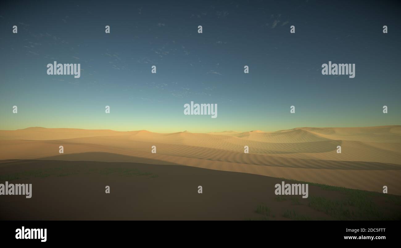 Alba sulle montagne paesaggio cielo 3D Render. Duna di sabbia con tonalità e texture interessanti prima del paesaggio desertico durante il sole di mezzogiorno Foto Stock