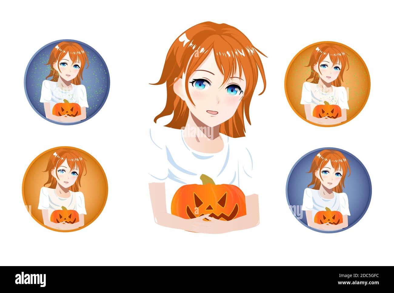 Ragazza che tiene una zucca sorridente tra le mani, insieme di icone. Caratteri anime vettoriali. ANIME girl in giapponese. Stile ANIME, illustrazione vettoriale disegnata Illustrazione Vettoriale