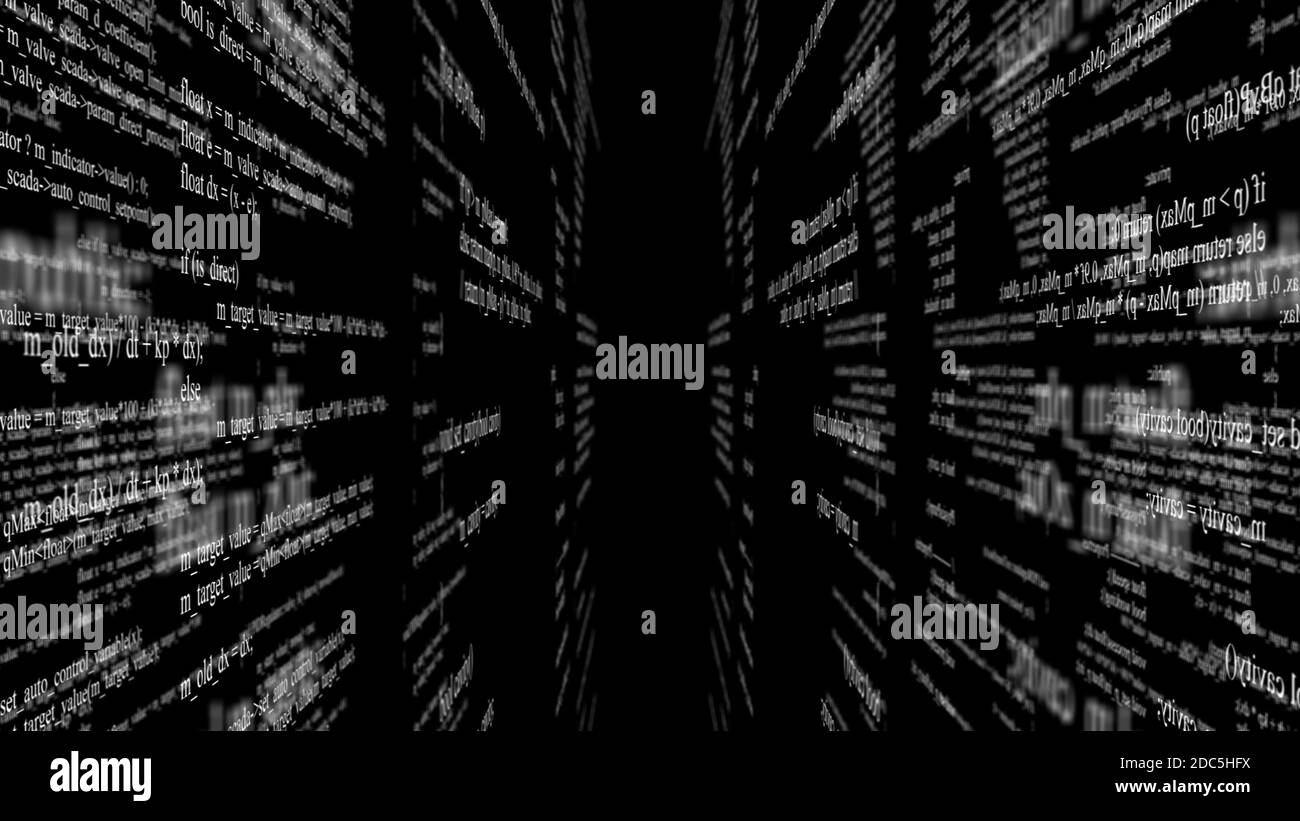 Codice di programma digitale astratto in blocchi su sfondo nero Foto Stock