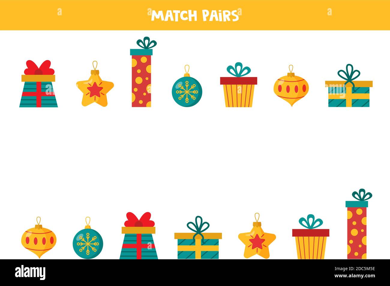 Trova l'abbinamento ad ogni regalo e palle di Natale. Illustrazione Vettoriale