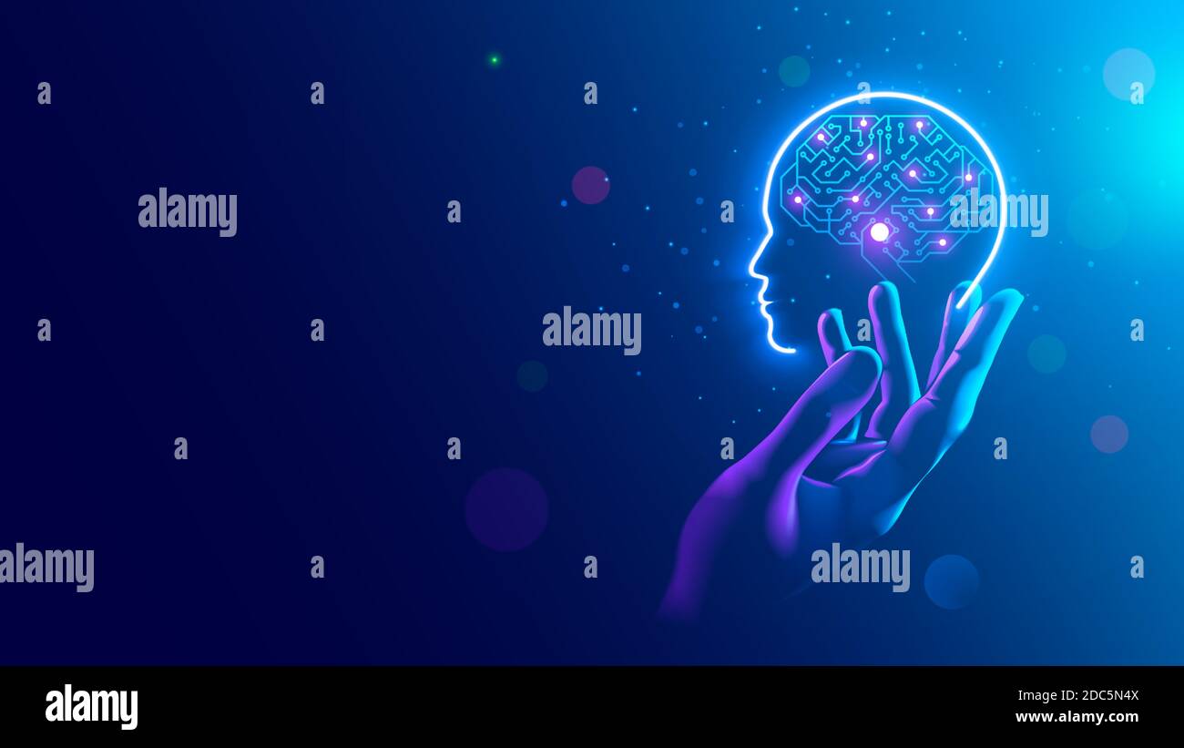 AI. Cervello elettronico. Silhouette al neon della testa umana con intelligenza artificiale appesa sulla mano del palmo. Rete neurale artificiale cibernetica Illustrazione Vettoriale