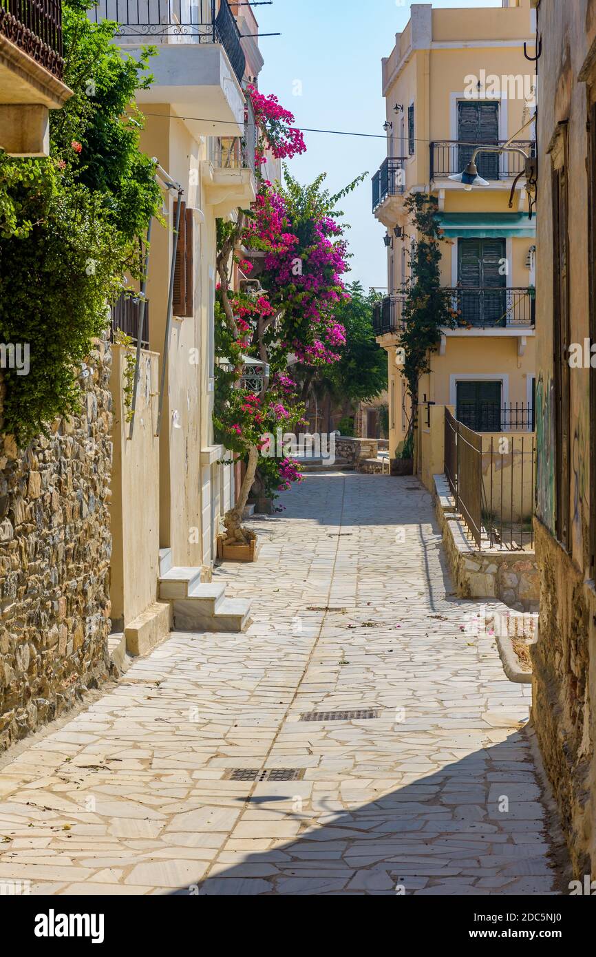 Vista sulla strada di case tradizionali e di un colorato bougainvillea albero in Ermoupolis, isola di Syros, Grecia Foto Stock