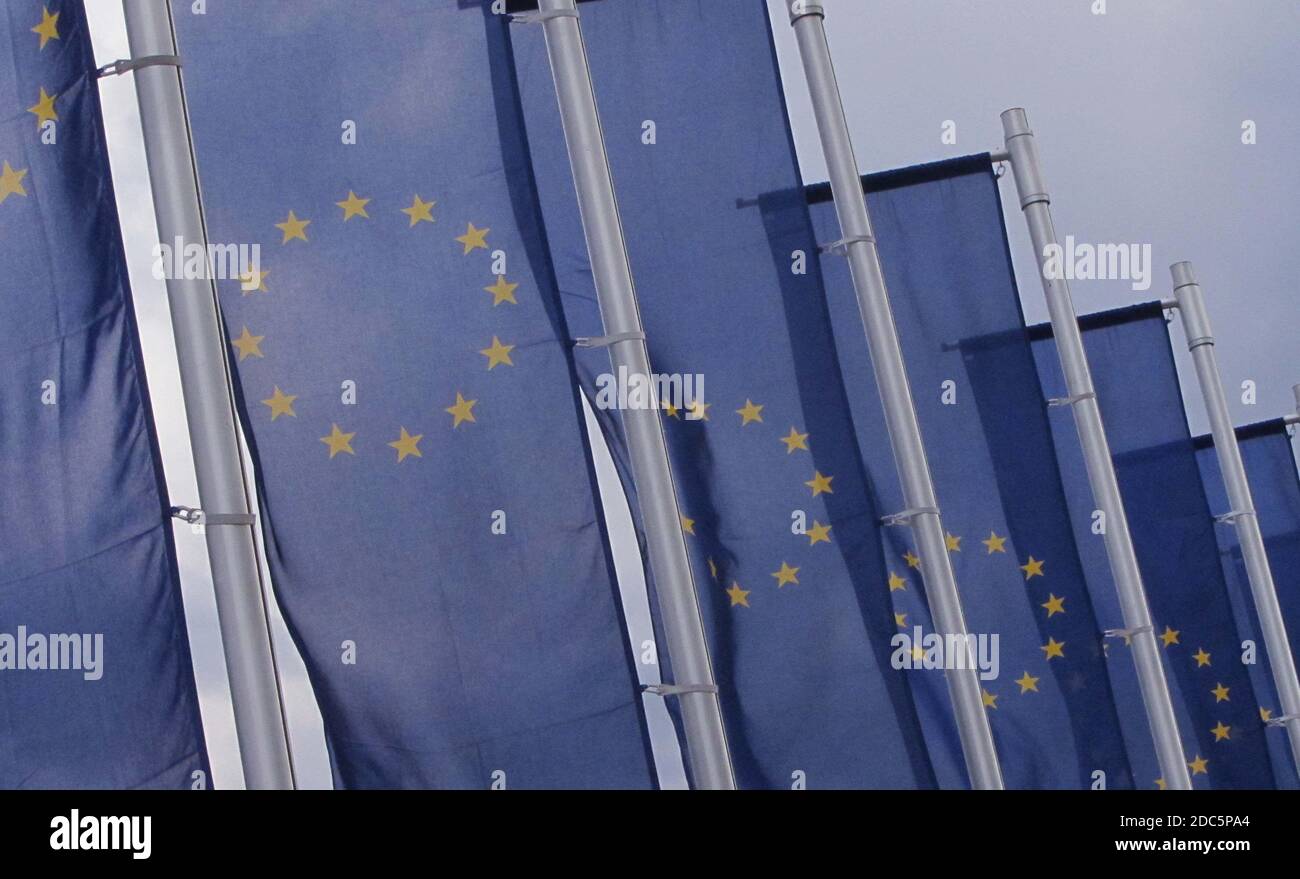 Bandiera dell'Unione europea, bandiera blu con stelle gialle che rappresentano l'UE Foto Stock