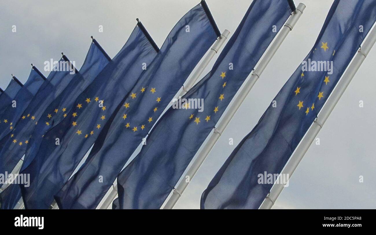 Bandiera dell'Unione europea, bandiera blu con stelle gialle che rappresentano l'UE Foto Stock