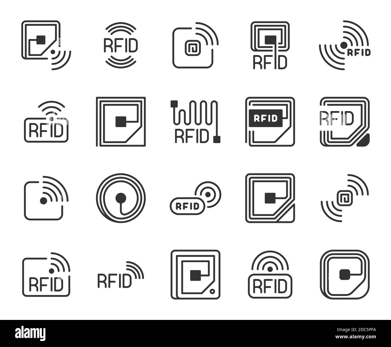 Icone RFID. Etichetta di identificazione delle radiofrequenze, etichetta, chip e logo della linea dell'antenna. Sistema wireless per il tracciamento e il controllo, simboli vettoriali Illustrazione Vettoriale