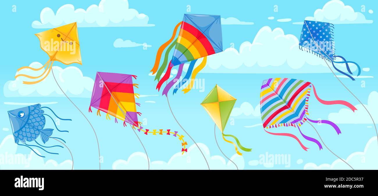 Aquiloni nel cielo. Cielo azzurro estivo e nuvole con aquiloni su corda che volano nel vento. Banner festival kites. Outdoor divertente hobby vettore sfondo Illustrazione Vettoriale