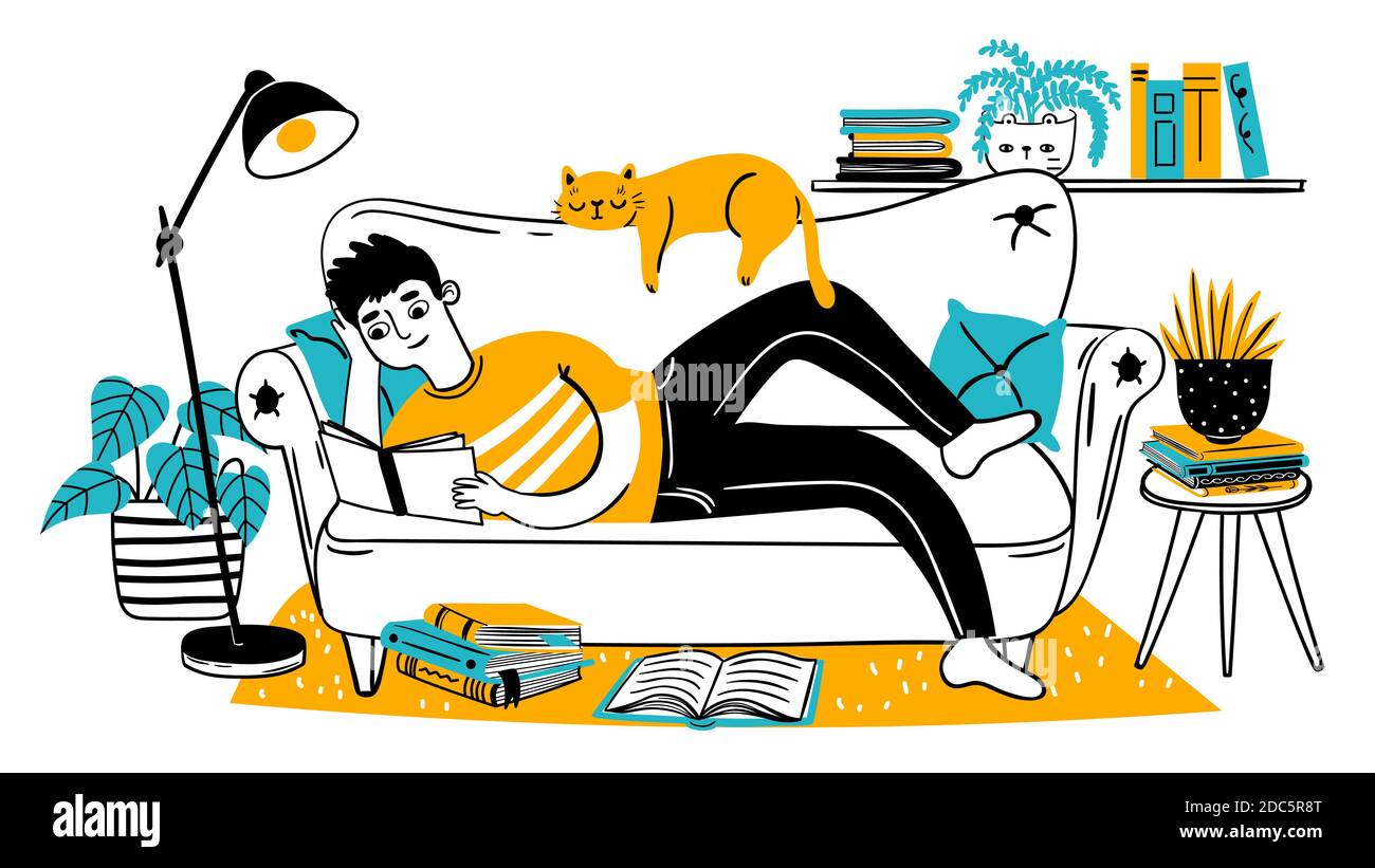 Uomo che legge libro sul divano. Un adulto rilassato legge sul divano con il gatto a casa. Lettore disegnato a mano godendo hobby. Concetto vettoriale dello stile di vita di svago Illustrazione Vettoriale