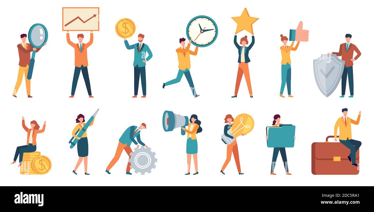 Piccole persone d'affari. Donne e uomini dipendenti con soldi grandi, lampadina, stella, attrezzatura e lente di ingrandimento. Set vettoriale di caratteri lavoro piccoli per ufficio Illustrazione Vettoriale