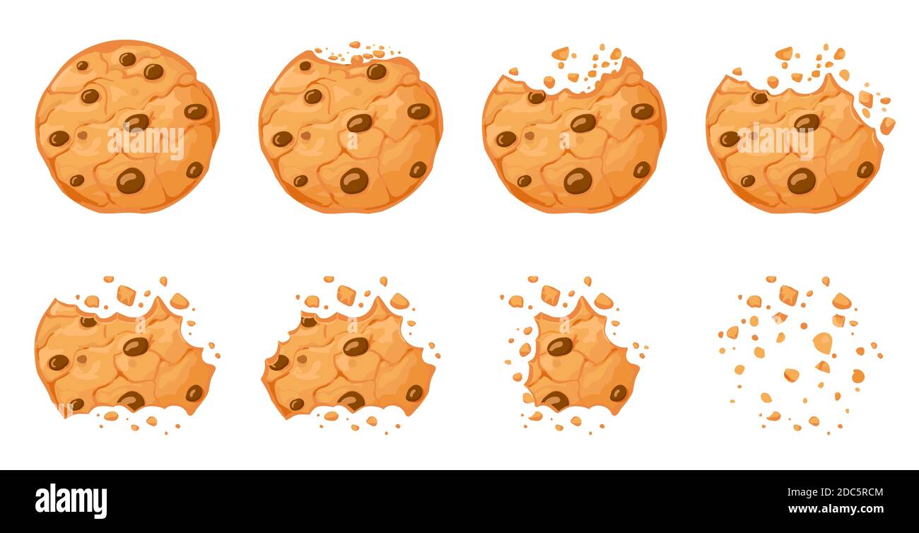 Biscotti al cioccolato morso. Crunch biscotti marroni fatti in casa spezzati con briciole. Set vettoriale per animazione con biscotti ciocco rotondi al forno a fumetti Illustrazione Vettoriale