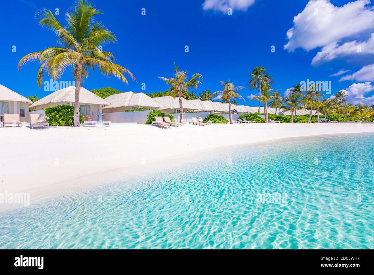 Splendido resort di lusso Maldive sull'isola tropicale. Incredibile paesaggio di viaggio sulla spiaggia, ville sulla spiaggia, palme su sabbia bianca. Vista estiva esotica Foto Stock