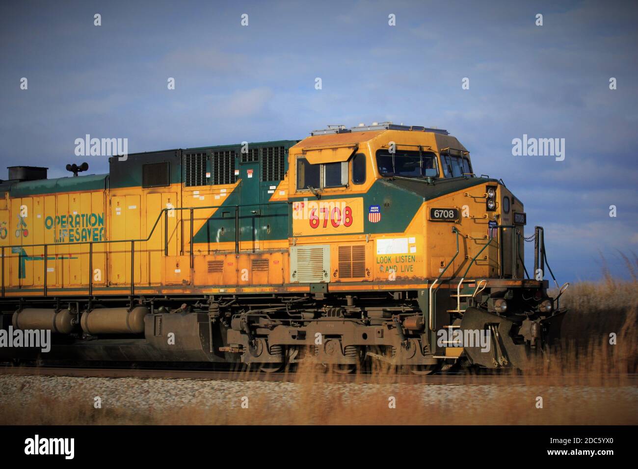 Union Pacific Train ha girato closeup scendendo in pista nel paese con cielo blu e prato. Foto Stock