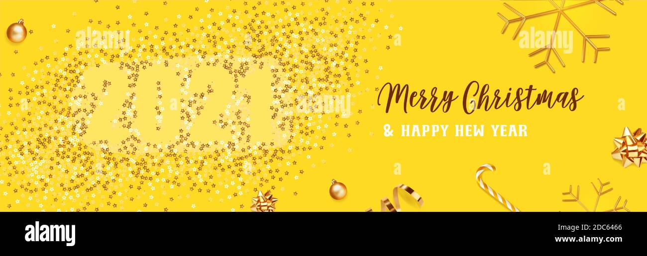 Buon Natale e Felice Anno Nuovo. Sfondo disegno natalizio del caramello natalizio, fiocchi di neve dorati realistici e confetti dorati con glitter, palla bauble Illustrazione Vettoriale
