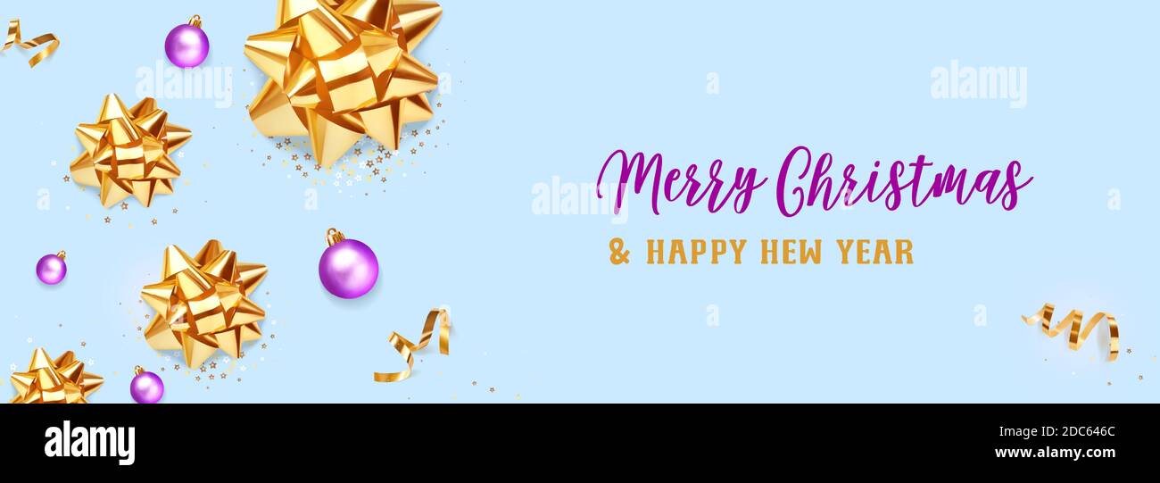 Banner di Natale. Sfondo disegno natalizio di fiocchi d'oro realistici e confetti d'oro glitter, pallina bauble su sfondo blu. natale orizzontale Illustrazione Vettoriale