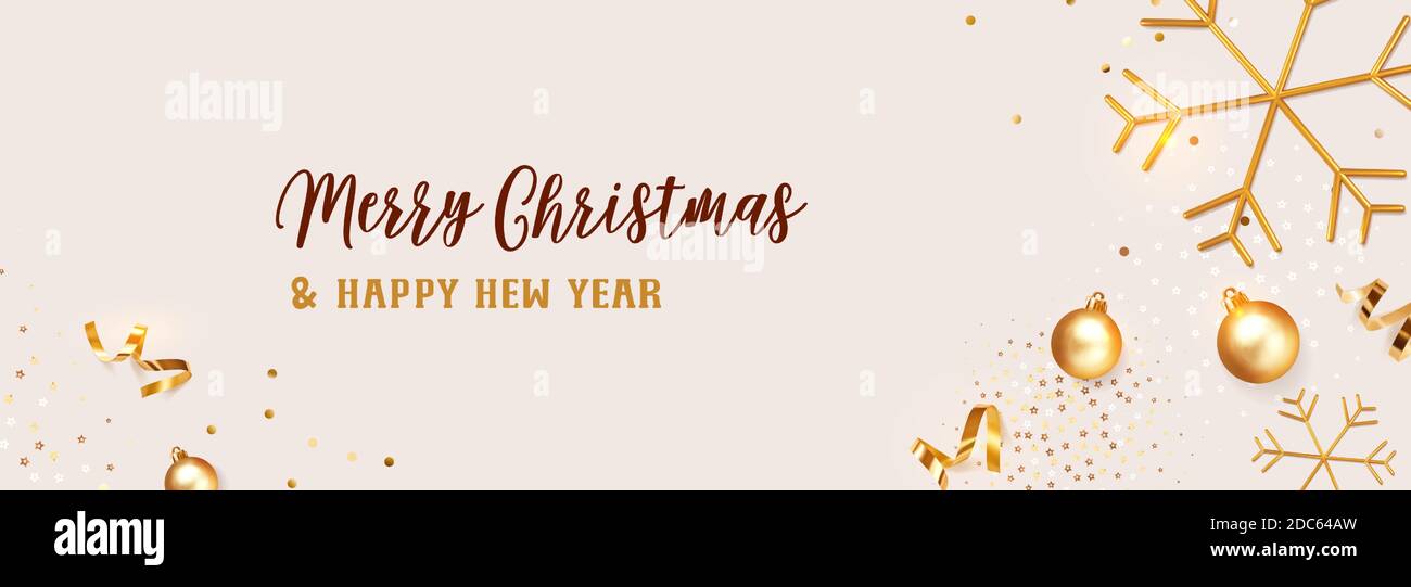 Banner di Natale. Sfondo disegno natalizio di fiocchi di neve dorati realistici e confetti dorati con glitter, palla bauble su sfondo Champagne a colori Illustrazione Vettoriale