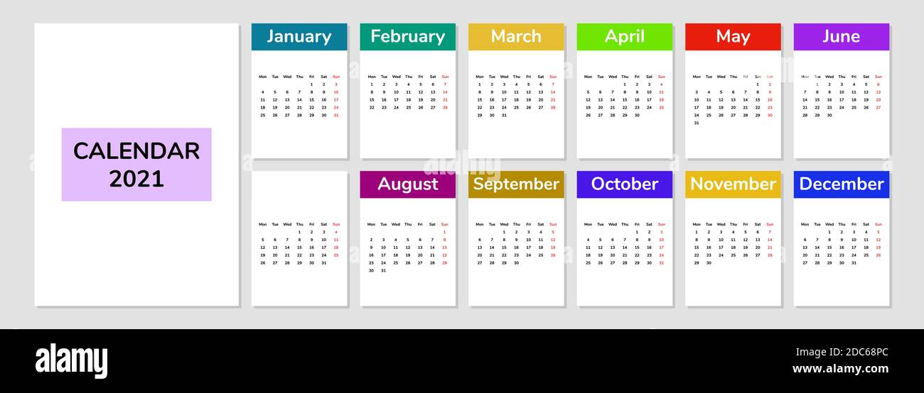 2021 modello di calendario. Fogli di calendario con colori diversi. Illustrazione vettoriale. Minimalismo. Illustrazione Vettoriale