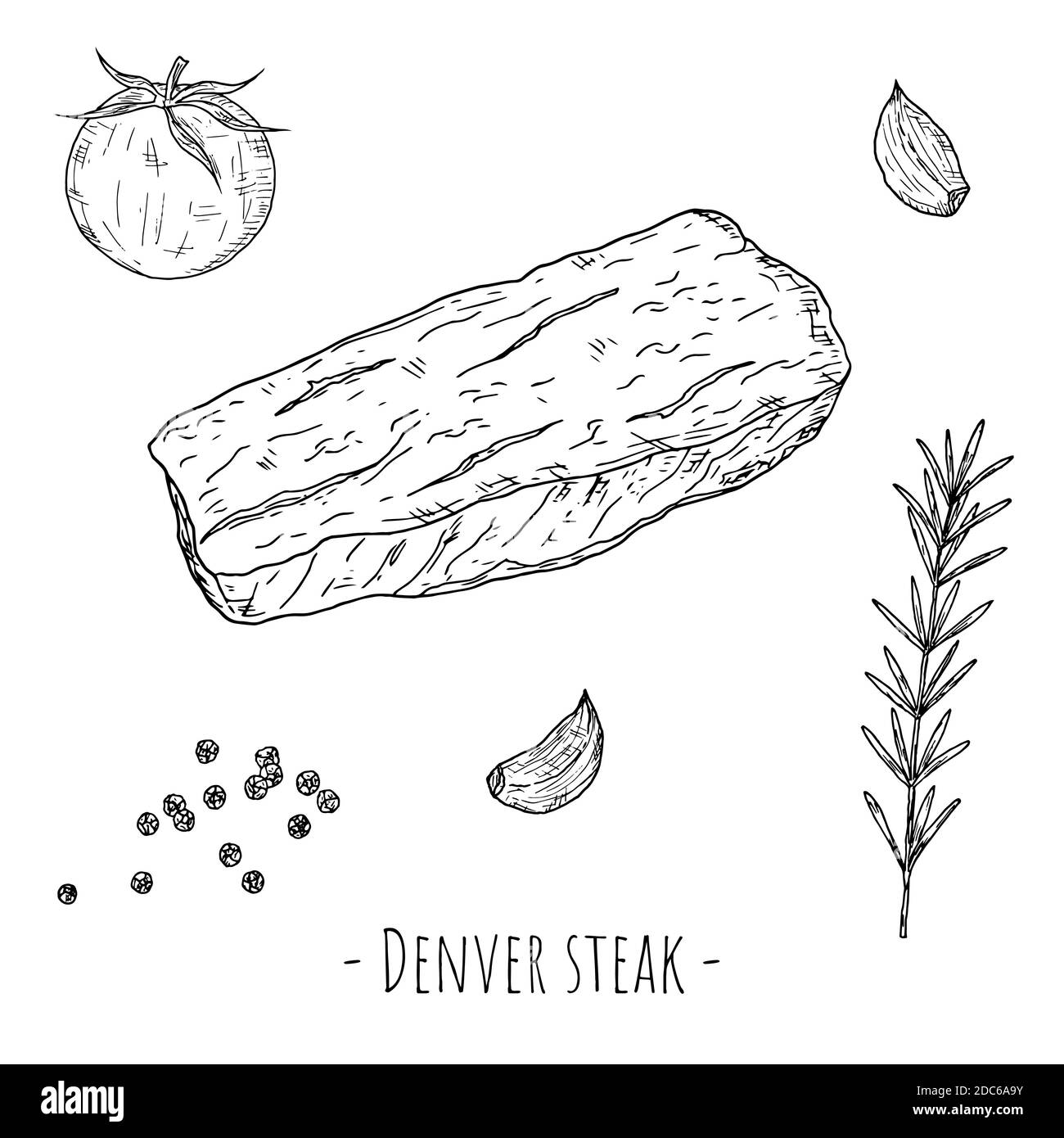 Denver bistecca. Illustrazione di cartoni animati vettoriali. Oggetto isolato su sfondo bianco. Stile disegnato a mano. Illustrazione Vettoriale
