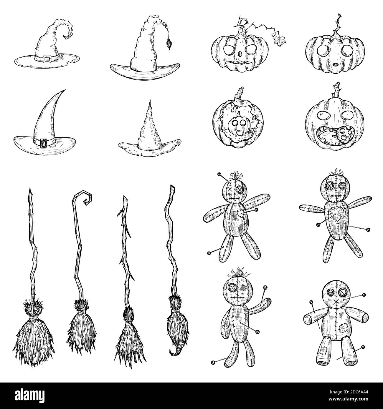 Serie di illustrazioni di Halloween. Icone di cartoni animati vettoriali. Oggetti isolati su sfondo bianco. Stile disegnato a mano. Illustrazione Vettoriale