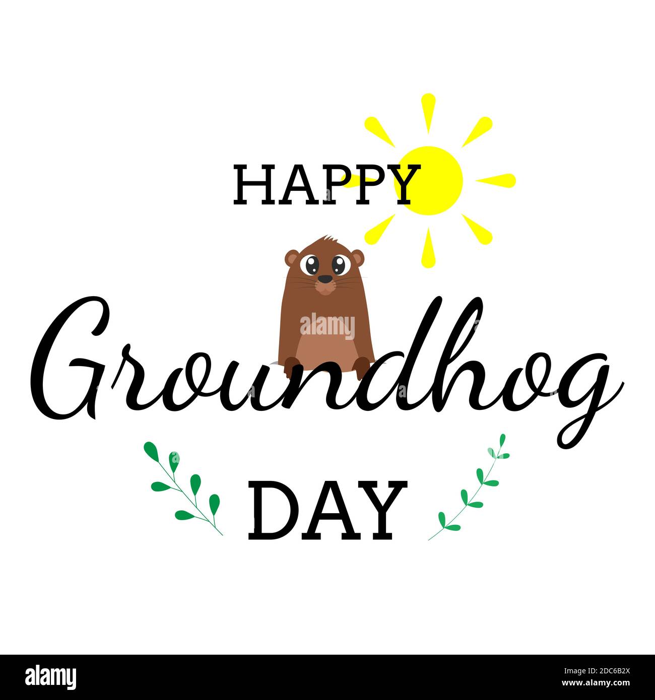 Felice scritta Groundhog giorno. Testo con carino groundhog che esce dal suo buco con il sole sopra. Design per biglietti d'auguri, striscioni, poster. Illustrazione Vettoriale