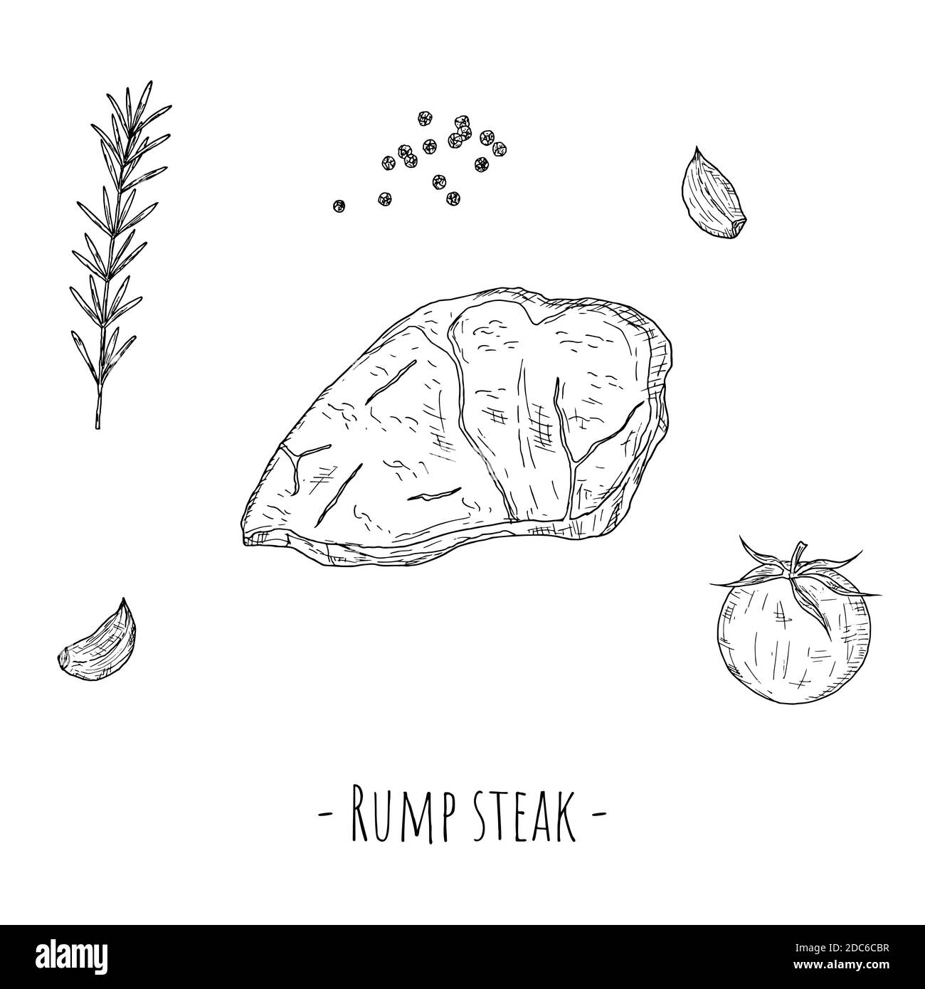 Bistecca groppa. Illustrazione di cartoni animati vettoriali. Oggetto isolato su sfondo bianco. Stile disegnato a mano. Illustrazione Vettoriale