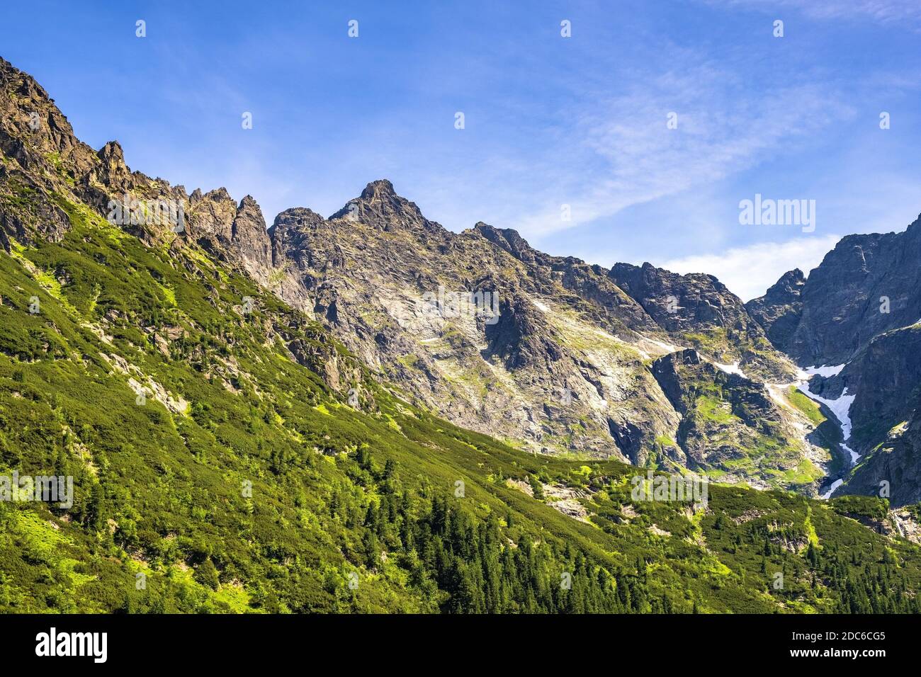Vista panoramica del crinale dei sette Granati - Siedem Granatow - e Zabia Czuba picco all'interno della gamma Zabia Gran Sulla valle di Rybi Potok a Tatra Mountai Foto Stock