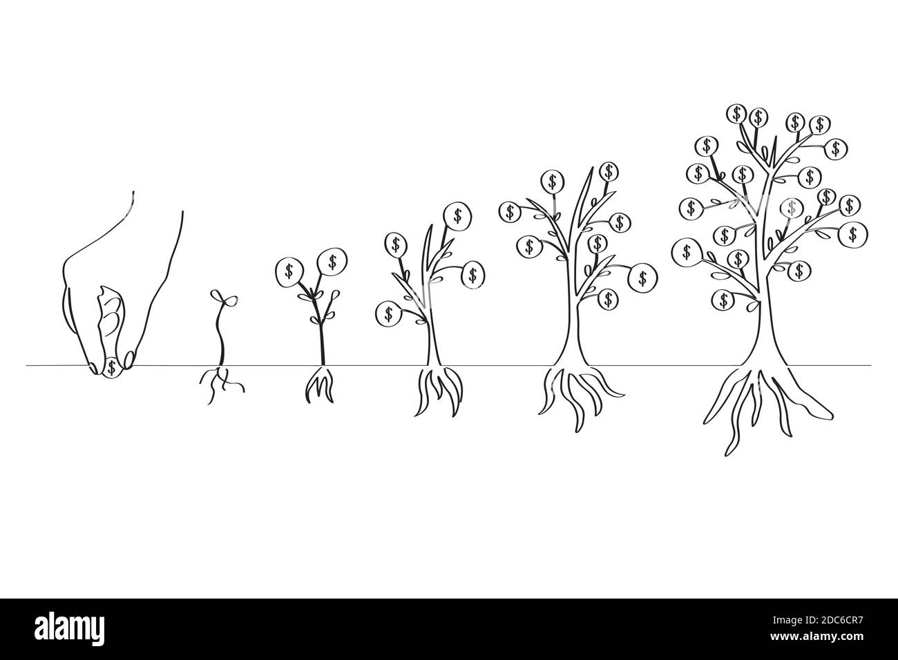 Piantando e crescendo l'albero di soldi. Fasi aziendali. Arte lineare Illustrazione Vettoriale