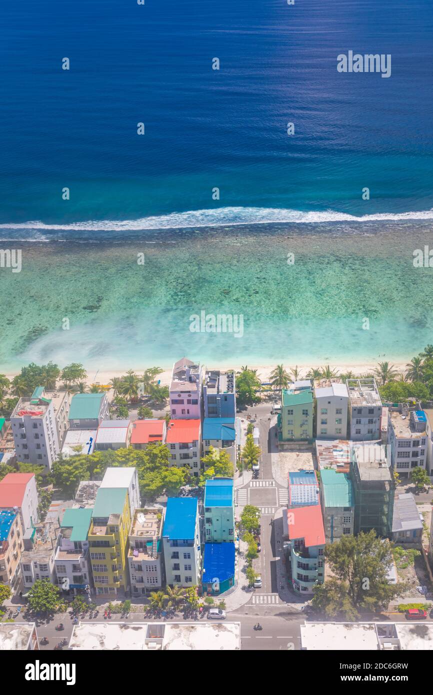 Isole Maldive. Capitale maldiviana dall'alto. Paesaggio urbano astratto Foto Stock