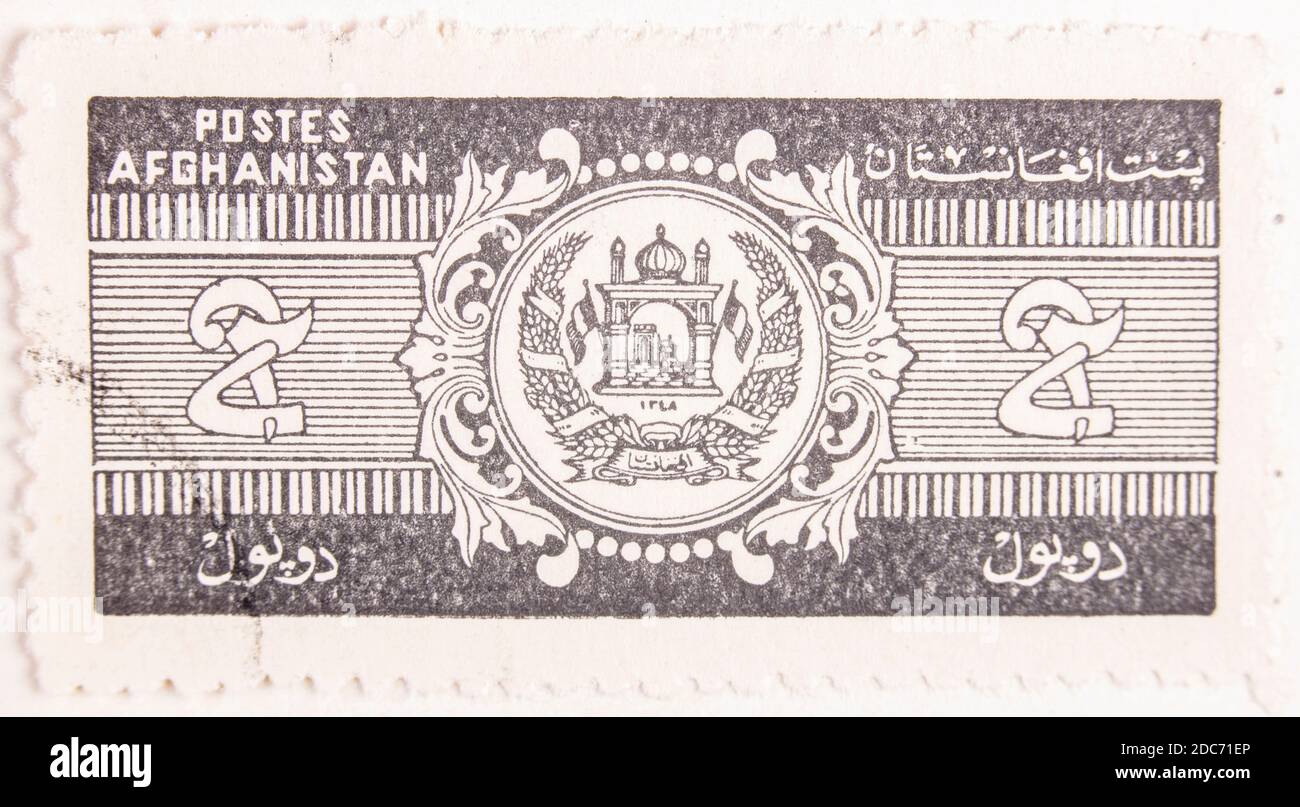 Antwerpen, Belgio - 17 novembre 2020: Una stampa di francobollo da parte dell'ufficio postale dell'Afghanistan, presenta Foto Stock